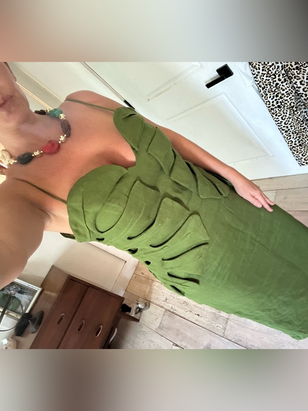 FARM Rio Olive Green Sculpted Monstera dress